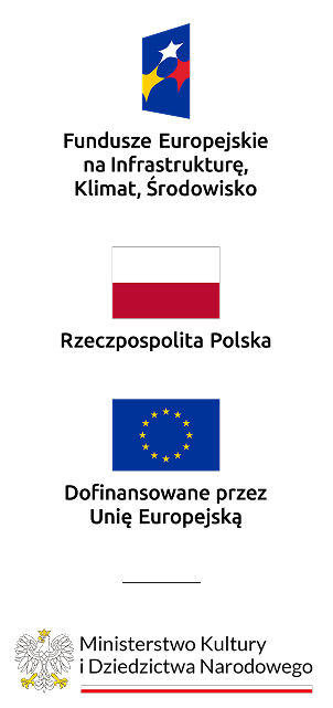 Czarny pionowy obraz z trzema znakami ustawionymi w kolumnie: u góry mały pionowy niebieski prostokąt z białą gwiazdą i żółto‑czerwonymi kształtami, w środku flaga Polski (dwa poziome pasy: biały nad czerwonym), poniżej flaga Unii Europejskiej (granatowe tło z dwunastoma żółtymi gwiazdami w okręgu), a w lewym dolnym rogu godło Polski — biały orzeł w złotej koronie i u samej podstawy cienki poziomy pasek biało‑czerwony.