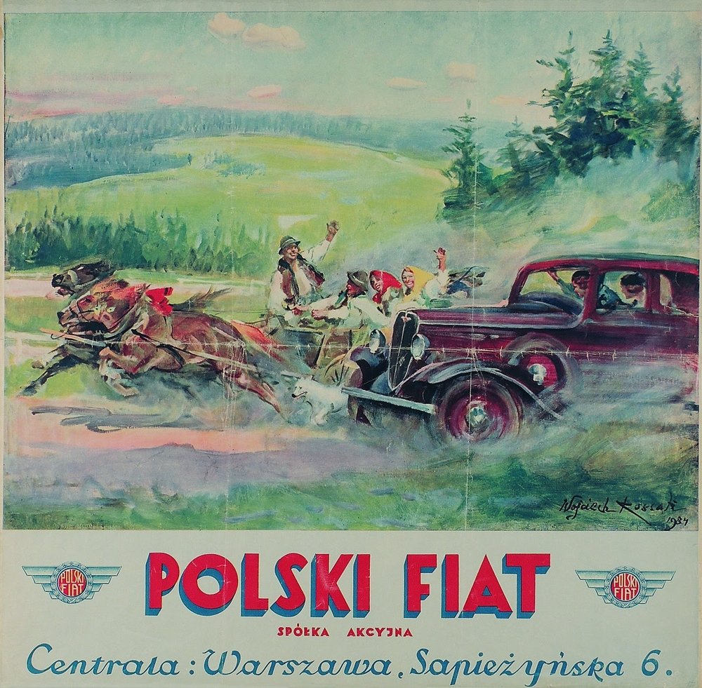 Plakat reklamowy z malowanym pejzażem przedstawiającym pędzący zaprzęg konny obok ciemnoczerwonego samochodu z pasażerami, zielone pola i drzewa w tle, rozpryski na drodze oraz duży napis POLSKI FIAT i adres Centrala: Warszawa, Sapieżyńska 6 u dołu, z sygnaturą malarską w prawym dolnym rogu.