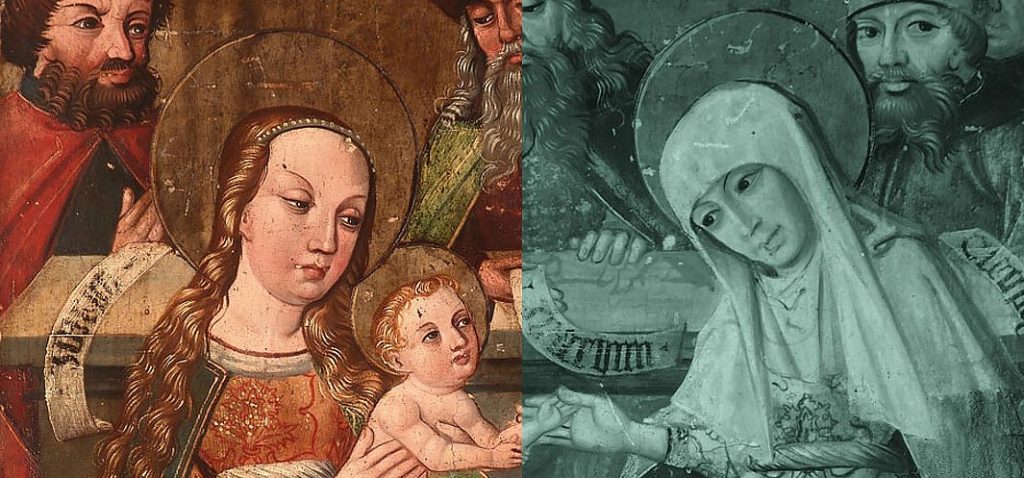Dwuczęściowy obraz religijny podzielony pionowo: po lewej kolorowa scena z kobietą z aureolą trzymającą nagie niemowlę i dwoma brodatymi mężczyznami w tle, po prawej zielonkawo zabarwiona wariacja z zasłoniętą kobietą z aureolą z wyciągniętą dłonią oraz częściowo widocznymi mężczyznami za nią.