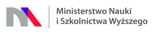 Z lewej abstrakcyjny znak graficzny w odcieniach szarości, niebieskim i czerwonym, oddzielony cienką pionową linią od prawej, gdzie znajduje się dwuwierszowy szary napis Ministerstwo Nauki i Szkolnictwa Wyższego.