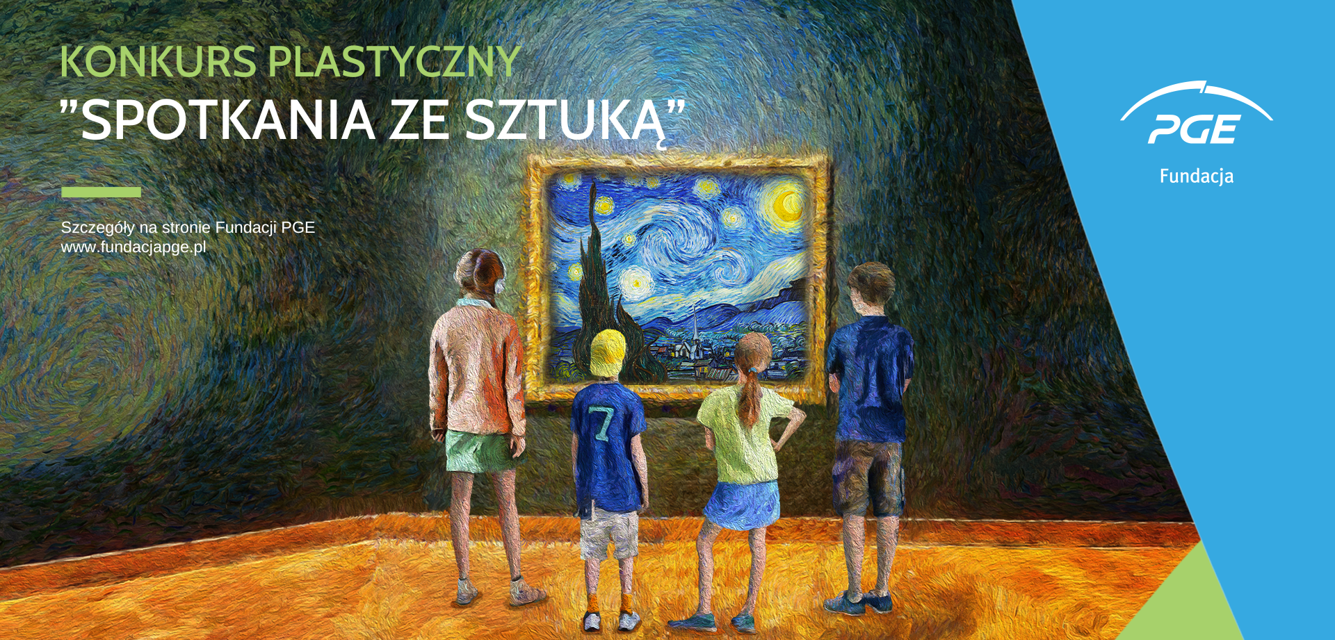 Plakat z tłem o malarskiej, wirującej fakturze przedstawiający w środku złotą ramę z obrazem ukazującym wirujące nocne niebo, przed którym od tyłu stoją cztery dzieci — po lewej dziewczyna w jasnej kurtce i zielonej spódnicy, dalej chłopiec w niebieskiej koszulce z numerem 7 i szortach, dziewczynka z kucykiem w zielonej bluzce i niebieskiej spódniczce oraz po prawej chłopak w granatowej koszulce i spodniach; po lewej u góry duży napis KONKURS PLASTYCZNY SPOTKANIA ZE SZTUKĄ i mniejszy tekst informacyjny, a p