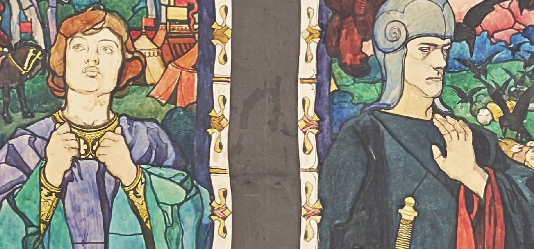 Kolorowa malowana scena z dwiema postaciami w strojach historycznych po obu stronach pionowego zdobionego pasa: po lewej osoba w jasnoniebiesko‑zielonym płaszczu trzymająca zdobiony naszyjnik, po prawej osoba w ciemnym ubraniu i hełmie z uniesioną dłonią i mieczem przy boku, a w tle wielobarwne motywy, namioty i zwierzęta.