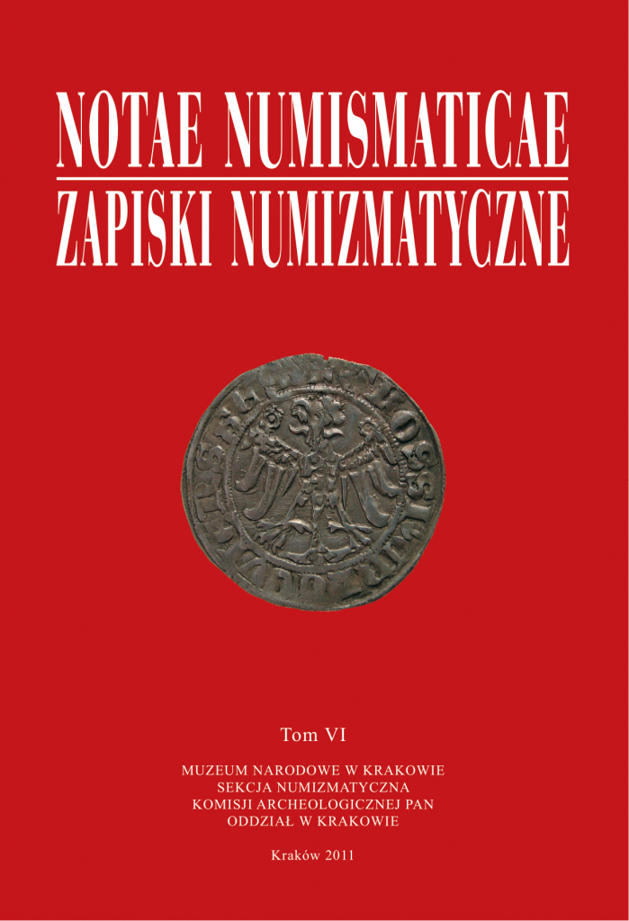 Czerwona okładka z białymi wielkimi napisami u góry „NOTAE NUMISMATICAE” i podkreślonym „ZAPISKI NUMIZMATYCZNE”, na środku zdjęcie metalowej, zużytej monety z wytłoczonym orłem, a poniżej mały napis „Tom VI”, informacje o Muzeum Narodowym w Krakowie i data „Kraków 2011”.