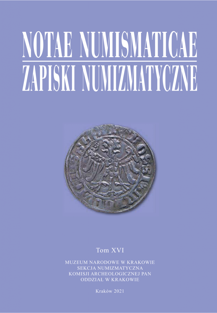Fioletowa okładka z dużym białym napisem NOTAE NUMISMATICAE i pod nim ZAPISKI NUMIZMATYCZNE rozdzielonym poziomą kreską, na środku zdjęcie starej monety z orłem i otaczającą ją inskrypcją, poniżej napis Tom XVI i drobniejszy biały tekst dotyczący Muzeum Narodowego w Krakowie, Sekcji Numizmatycznej Komisji Archeologicznej PAN oraz Kraków 2021.