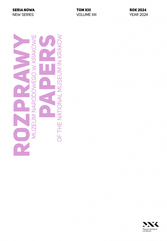 Biały, minimalistyczny projekt z trzema czarnymi nagłówkami u góry: po lewej „SERIA NOWA / NEW SERIES”, na środku „TOM XIII / VOLUME XIII”, po prawej „ROK 2024 / YEAR 2024”; po lewej duże pionowe różowe napisy „ROZPRAWY” i „PAPERS” oraz wąskie pionowe dopiski „MUZEUM NARODOWEGO W KRAKOWIE / OF THE NATIONAL MUSEUM IN KRAKOW”, a w prawym dolnym rogu czarne logo i napis „Muzeum Narodowe w Krakowie”.